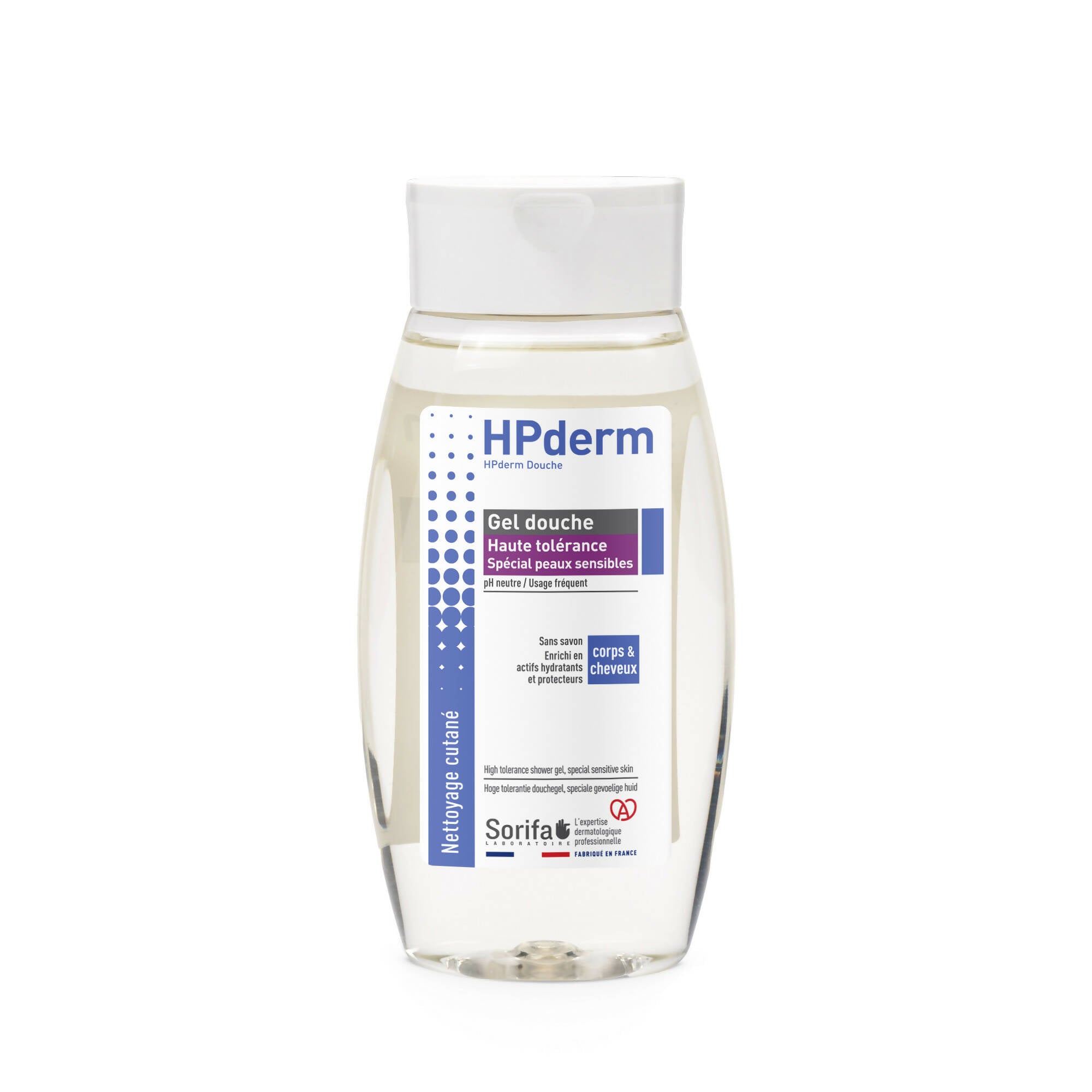 SORIFA – Komplette Packung mit 25 Stück – HPderm HIGH TOLERANCE Duschgel – 2 in 1 Körper und Haar – Speziell für empfindliche Haut, tätowierte Haut, geschwächtes Haar – Häufige Anwendung – Neutraler pH-Wert, seifenfrei – 250-ml-Flasche - 0