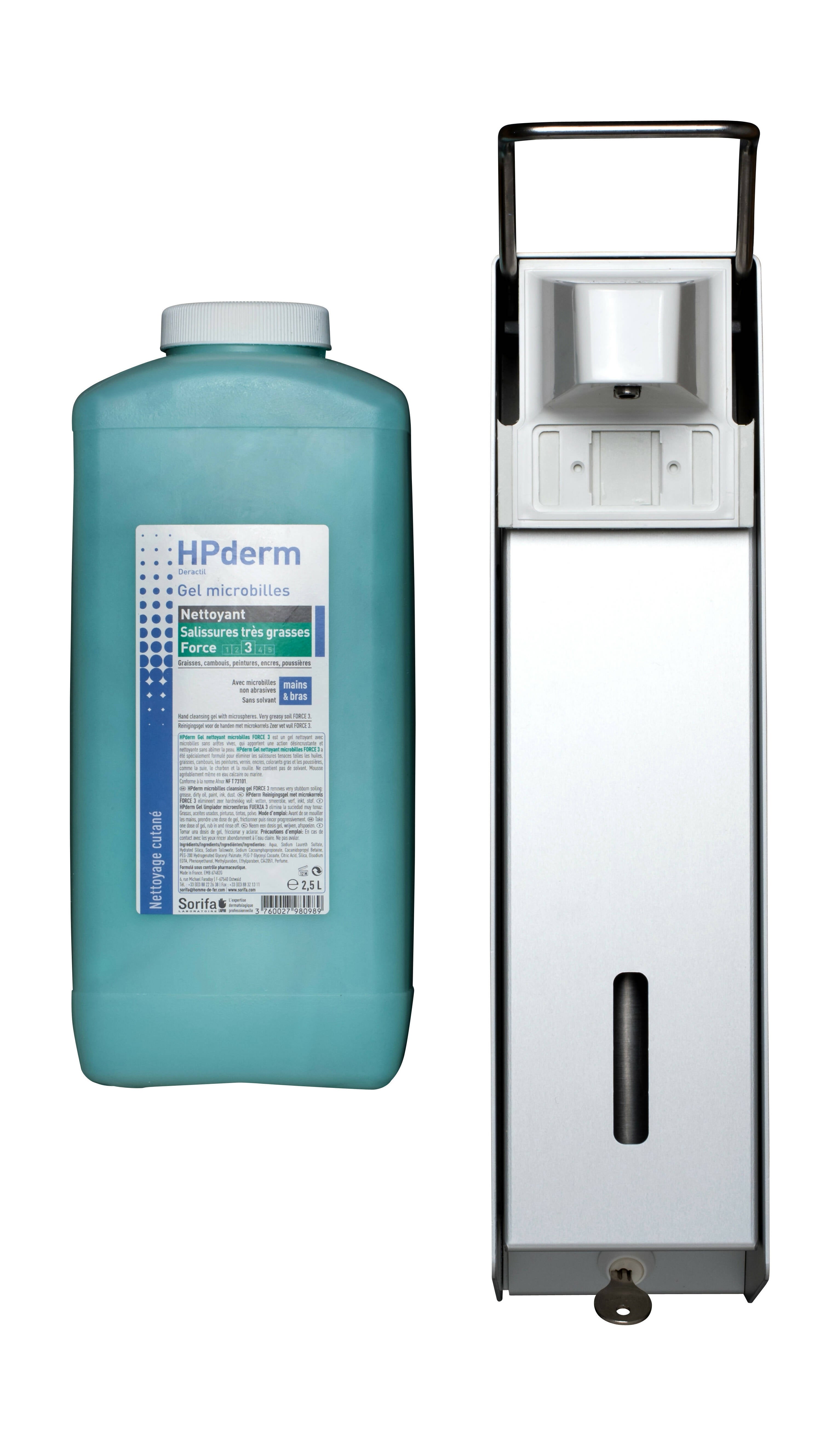 SORIFA – Robuster, ergonomischer, abschließbarer Wandspender aus Metall für 2,5L-Flasche der Marke SORIFA – Für Gele und Flüssigseifen.