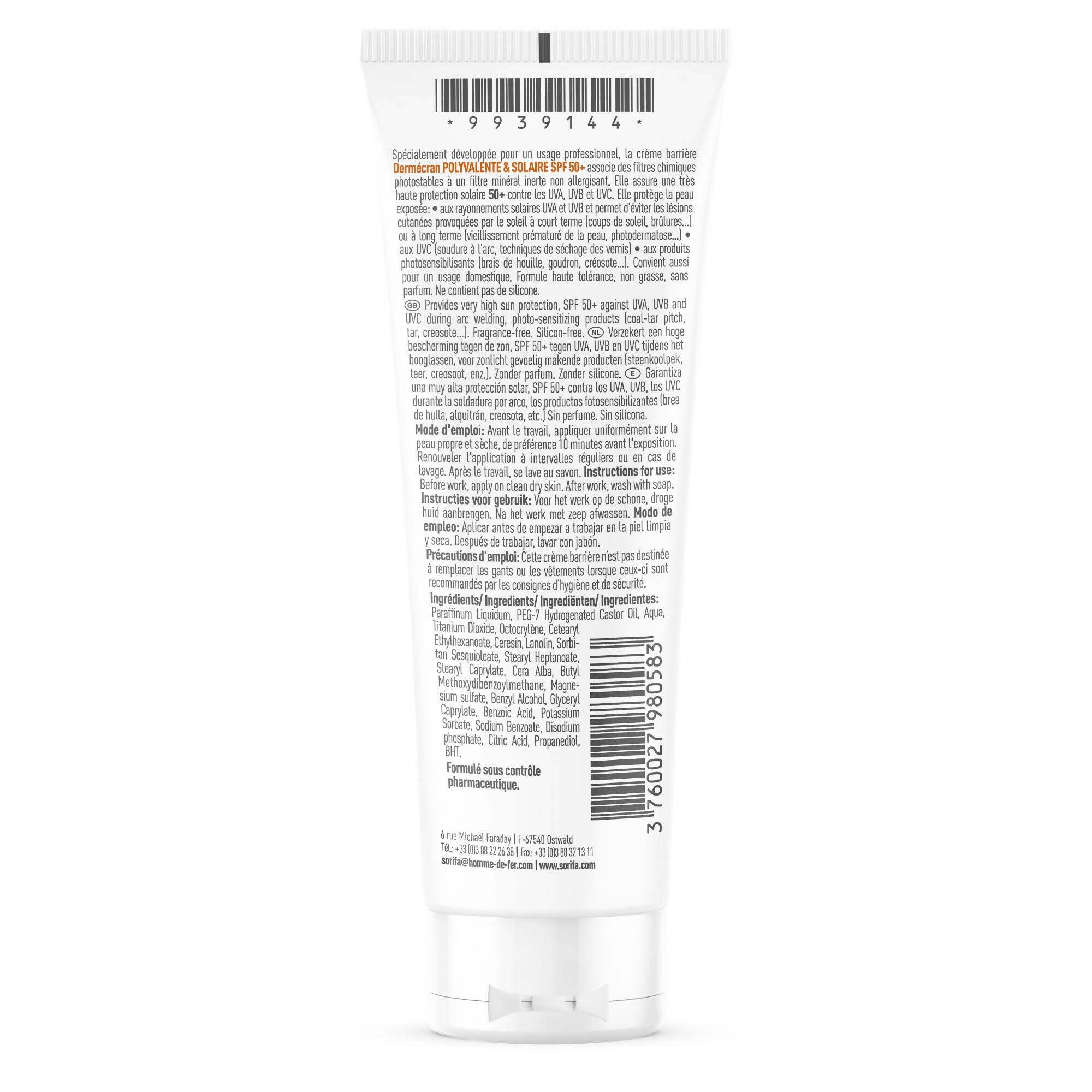 Sorifa - lot de 3 - dermécran – crème barrière - protection polyvalente et solaire spf50+ – uv peinture solvant huile brai créosote goudron – mains visage corps – sans parfum – tube 100 ml.
