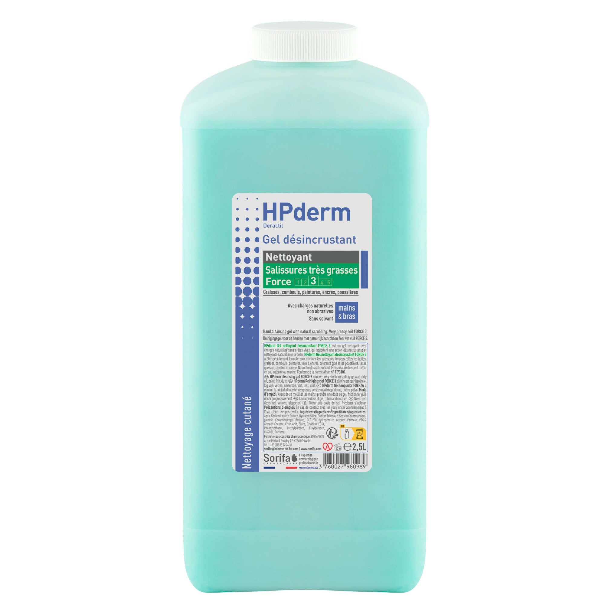 SORIFA - HPderm Gel nettoyant désincrustant Force 3 / Deractil – Mains, bras – Salissures très grasses – Graisse, cambouis, peinture, encre – Avec charge naturelle, parfumé, sans solvant – Flacon 2.5L