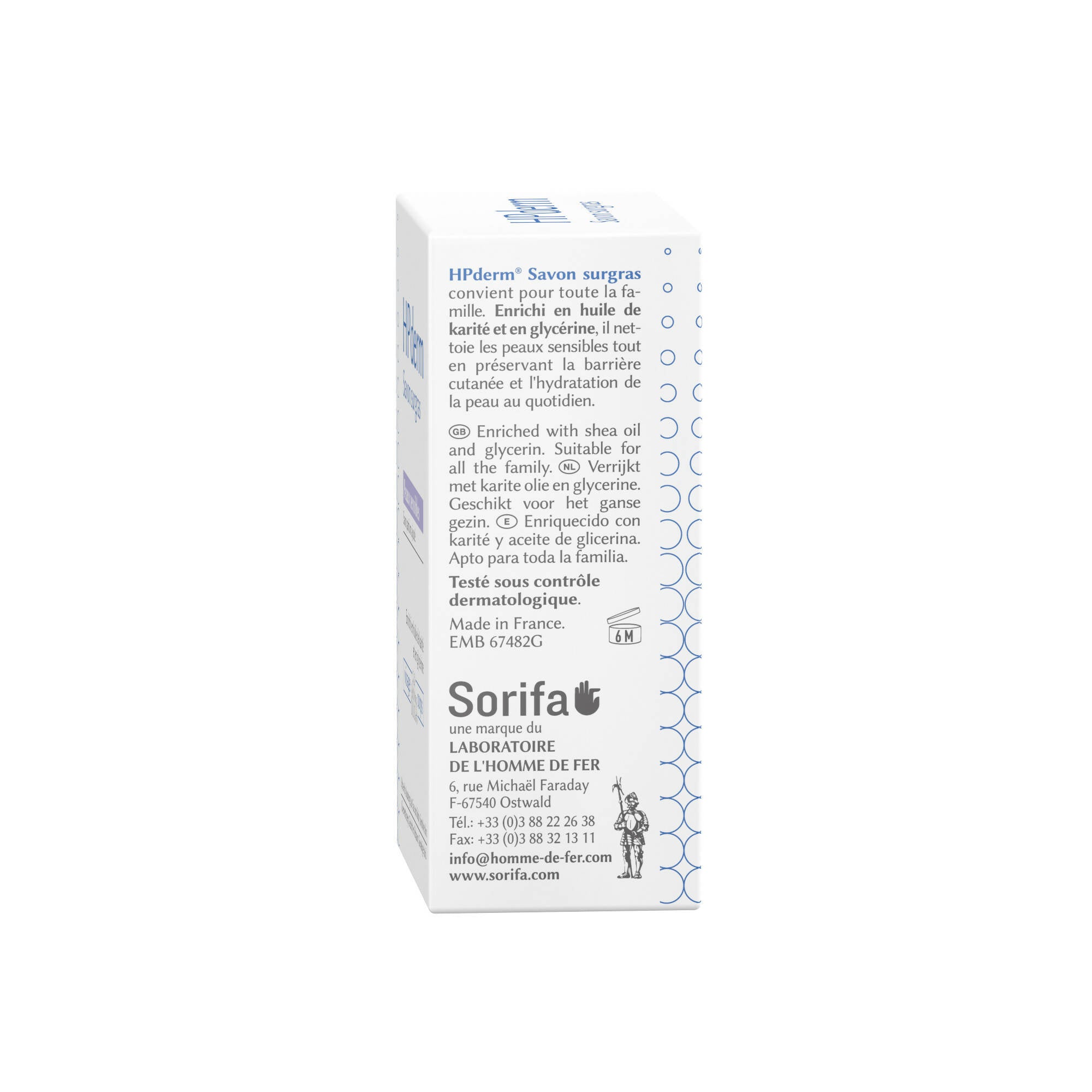 SORIFA - HPderm Savon surgras –Peaux sensibles - 99,95% d’ingrédients naturels – Enrichi en huile de karité et glycérine – Famille dont nourrissons - pH neutre, sans parfum - Pain 150 gr