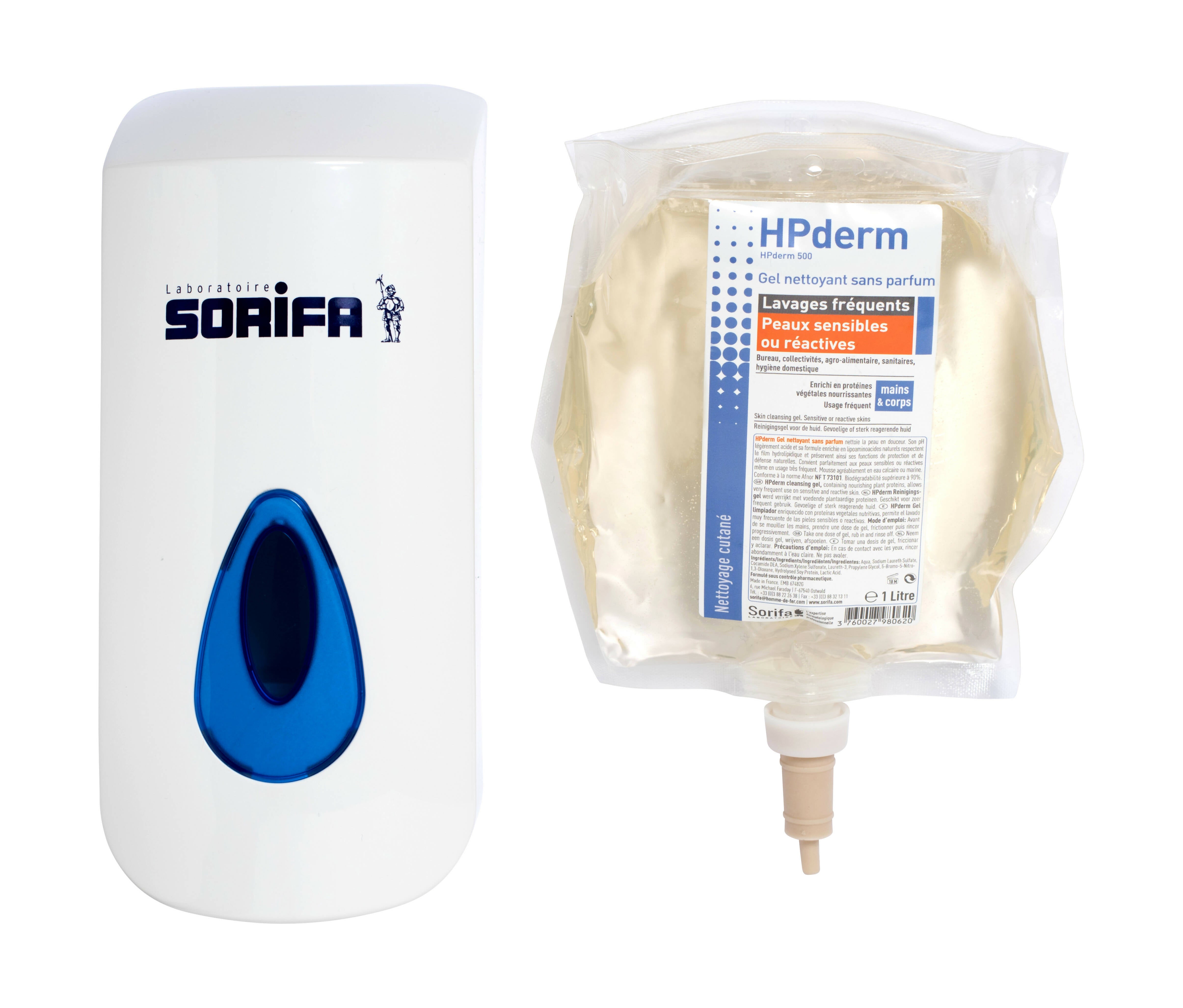 Sorifa - lot de 4 - hpderm gel nettoyant sans parfum - lavages fréquents – peaux sensibles ou réactives - mains et corps - aux protéines de soja protectrices - ph neutre sans savon – poche 800 ml