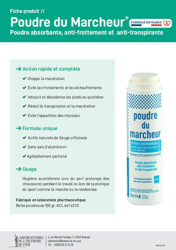 Sorifa - poudre du marcheur - anti-transpirante - absorbante - pieds – réduit la transpiration - elimine odeurs et mycoses - sans sels d’aluminium - fabriqué en france - poudreuse 100 gr - Clicktofournisseur.com