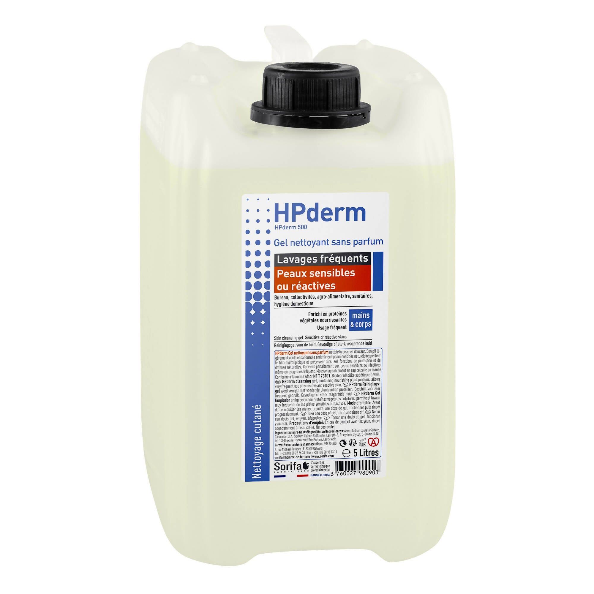 Sorifa - hpderm gel nettoyant sans parfum - lavages fréquents – peaux sensibles ou réactives - mains et corps - aux protéines de soja protectrices - ph neutre sans savon – bidon 5l - Clicktofournisseur.com