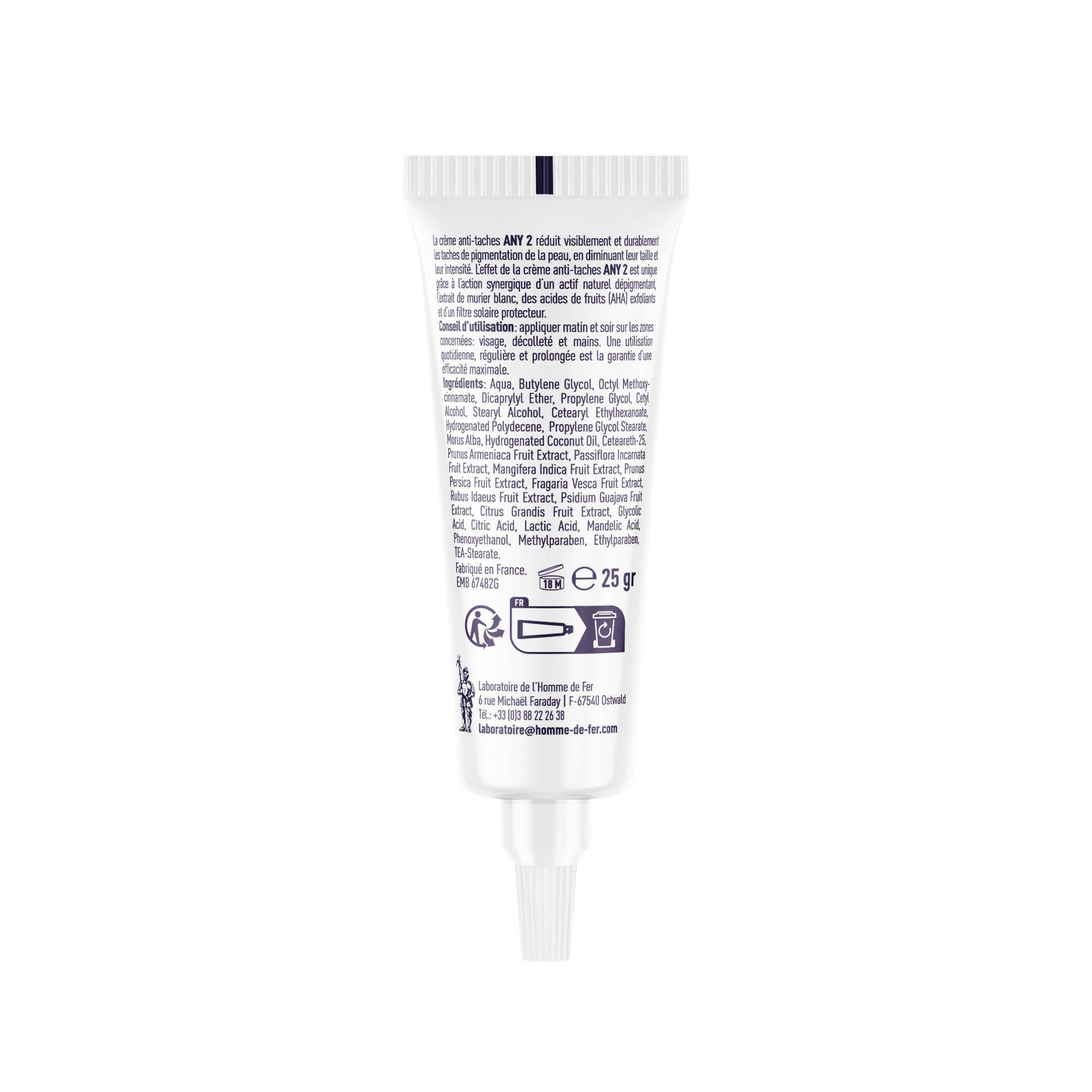 Homme de fer - lot de 3 – any 2 crème anti-tache avec filtre solaire - visage et mains- taches brunes taches de rousseur éphélides vieillesse cicatricielles masque grossesse chloasma tube 25 gr.