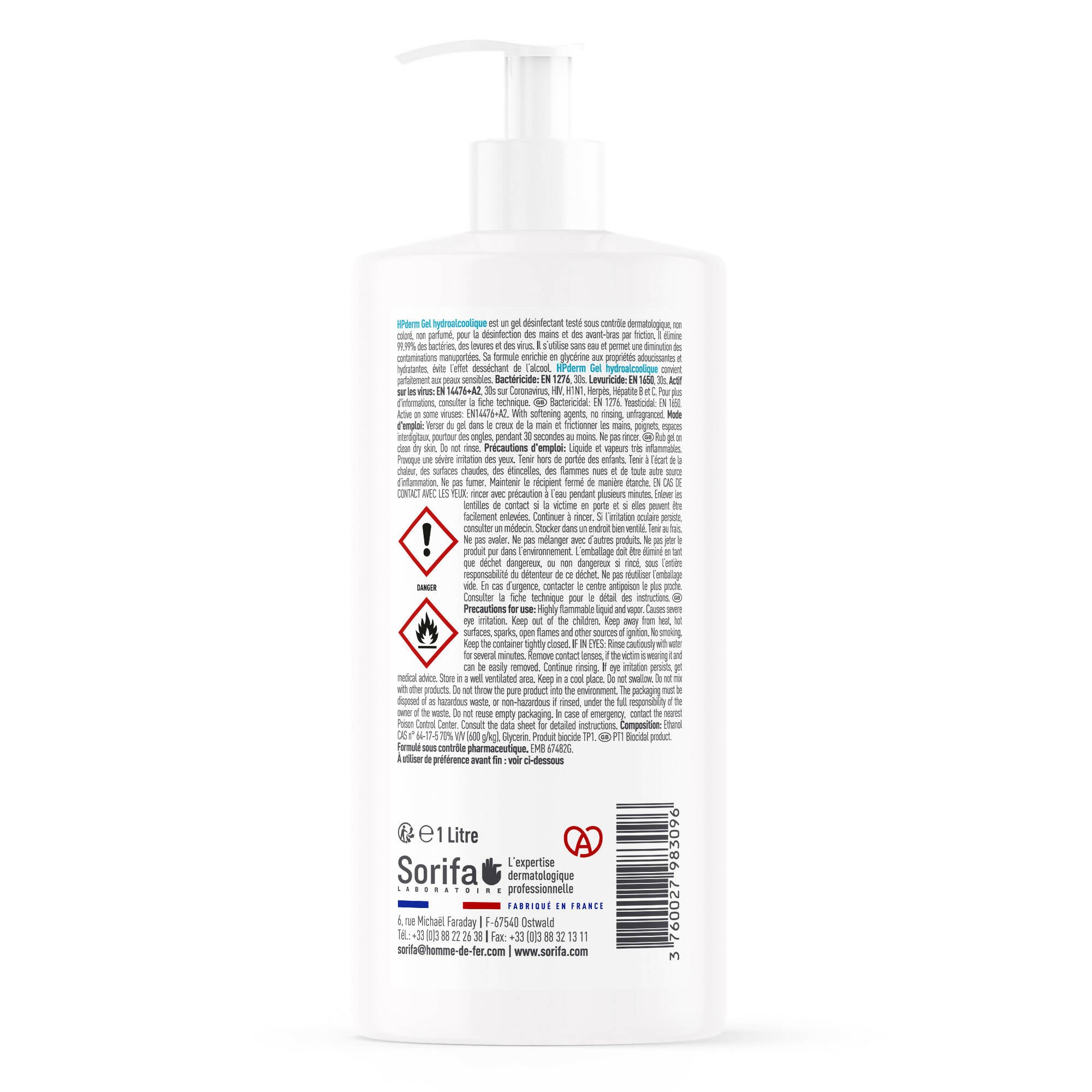 SORIFA - Carton complet de 12 - HPderm Gel hydroalcoolique - Désinfection des mains par friction - Mains, bras - Enrichi en glycérine - Sans parfum – Flacon pompe 1L