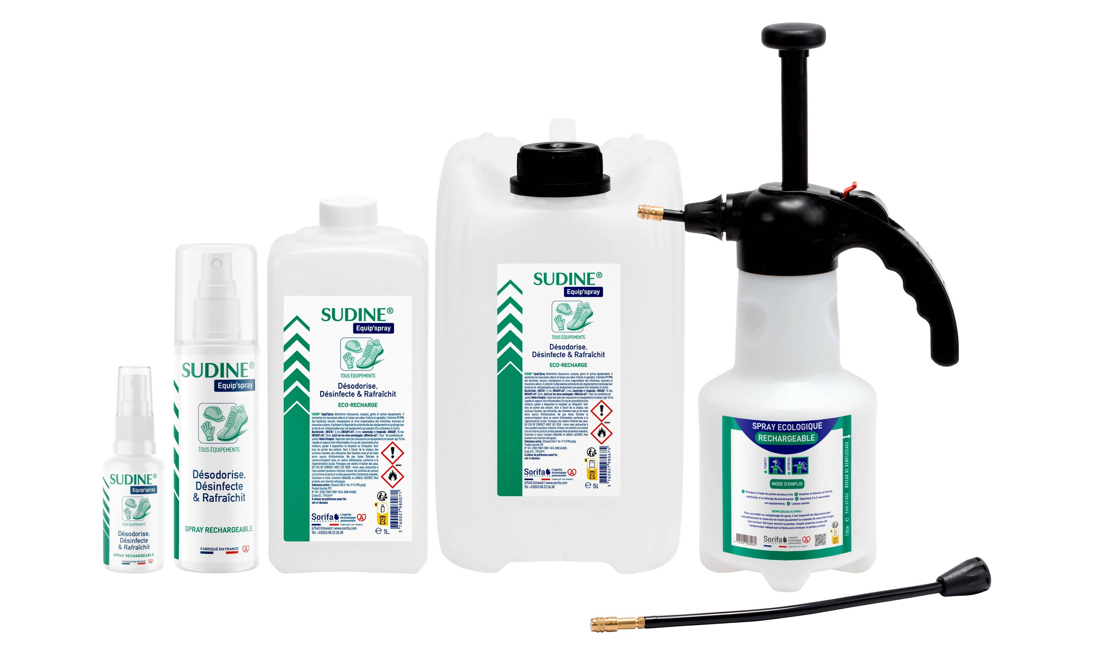 SORIFA - Complete box of 4 - Sudine Equip'spray - Deodorizes, disinfects, refreshes - Shoes, helmets, gloves, equipment - 5L refill for SUDINE Equip'spray 50 and 125 ml or for the 1L SORIFA Spray