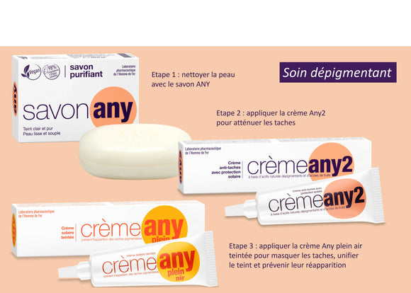 Homme de fer - carton de 50 - any 2 crème anti-tache avec filtre solaire - visage et mains- taches brunes taches de rousseur éphélides vieillesse cicatricielles masque grossesse chloasma tube 25 gr.