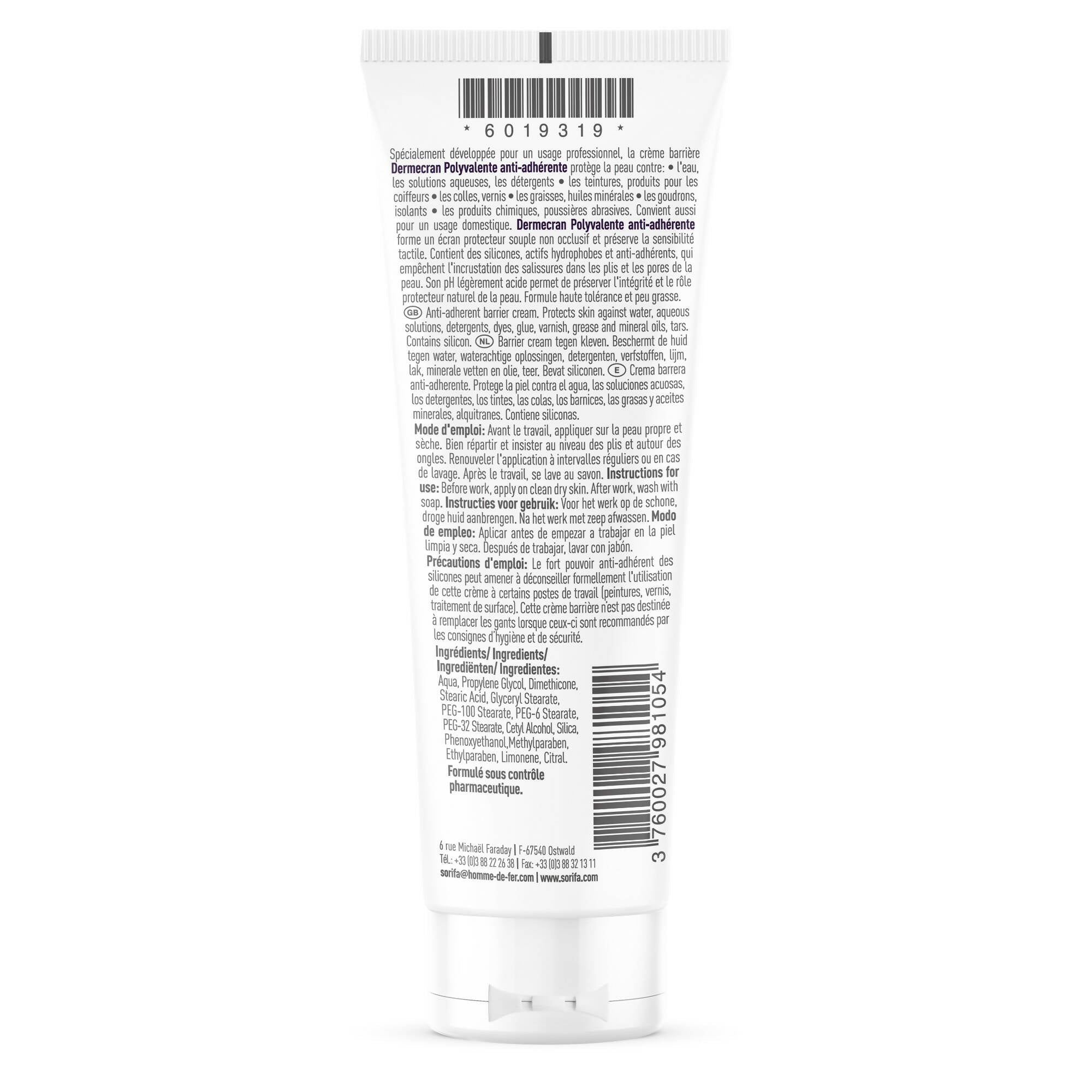 SORIFA - Dermécran - Crème Barrière - Protection polyvalente ANTI-ADHERENTE / Blick 1000 - Mains, visage et corps – Haute tolérance - Sans parfum -Tube 125 ml. - 0