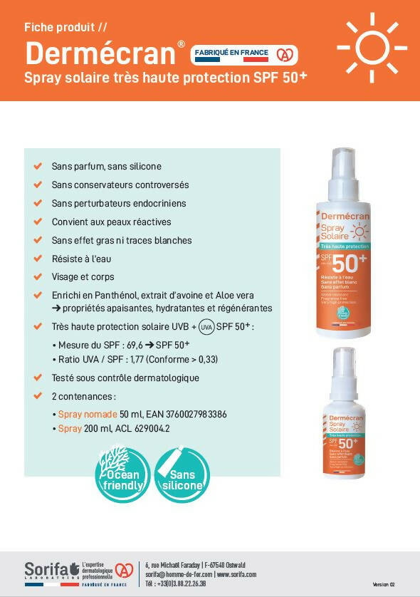 SORIFA - Dermécran - Spray solaire SPF50+ - Visage et corps - Formule Ocean Friendly - Résiste à l'eau - Pour toute la famille dès 3 ans - Fabriquée en France - Spray de 200 ml