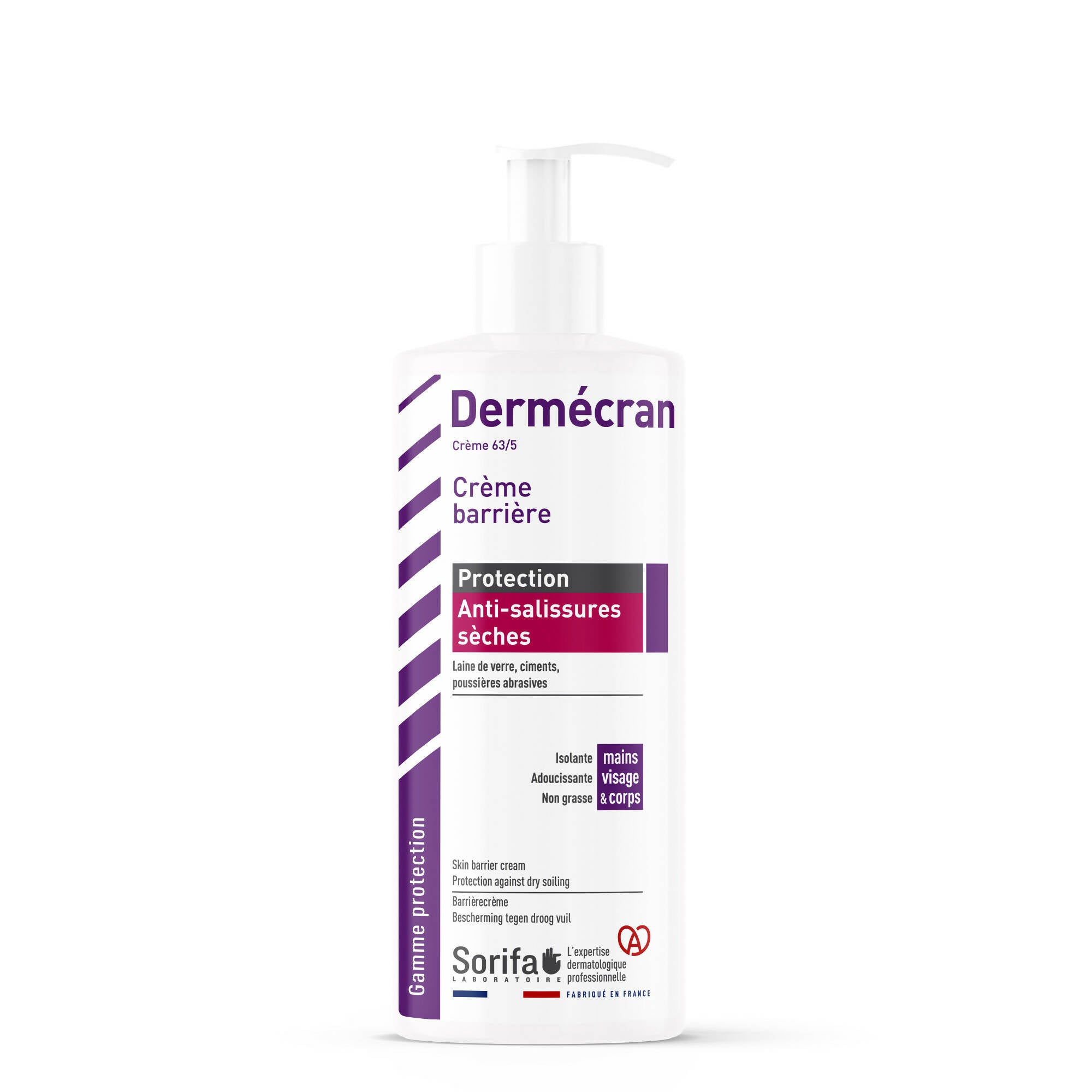 Sorifa - carton complet de 24 - dermécran – crème barrière - protection anti-salissures seches – laine de verre – ciment - poussière – mains visage et corps – haute tolérance – flacon pompe 500 ml.