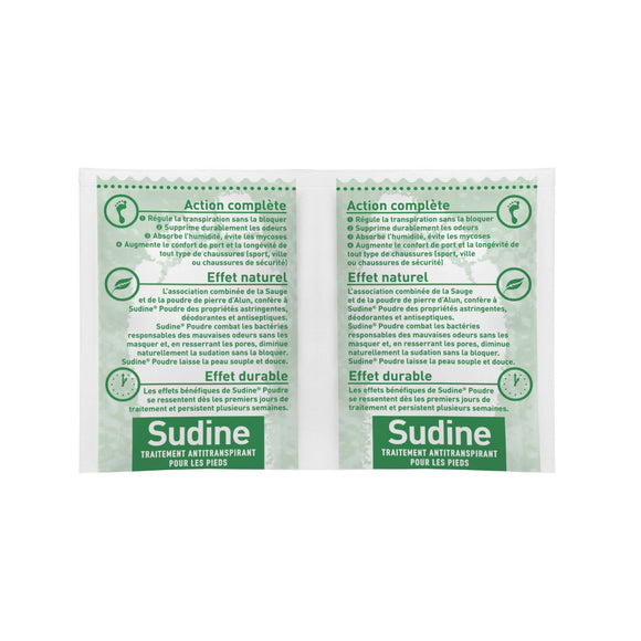 Sorifa - sudine poudre traitement anti-transpirant - pied - régule la transpiration - absorbe - prévient les mycoses - sans sels d’aluminium - fabriqué en france - boite 6 sachets-doubles - Clicktofournisseur.com