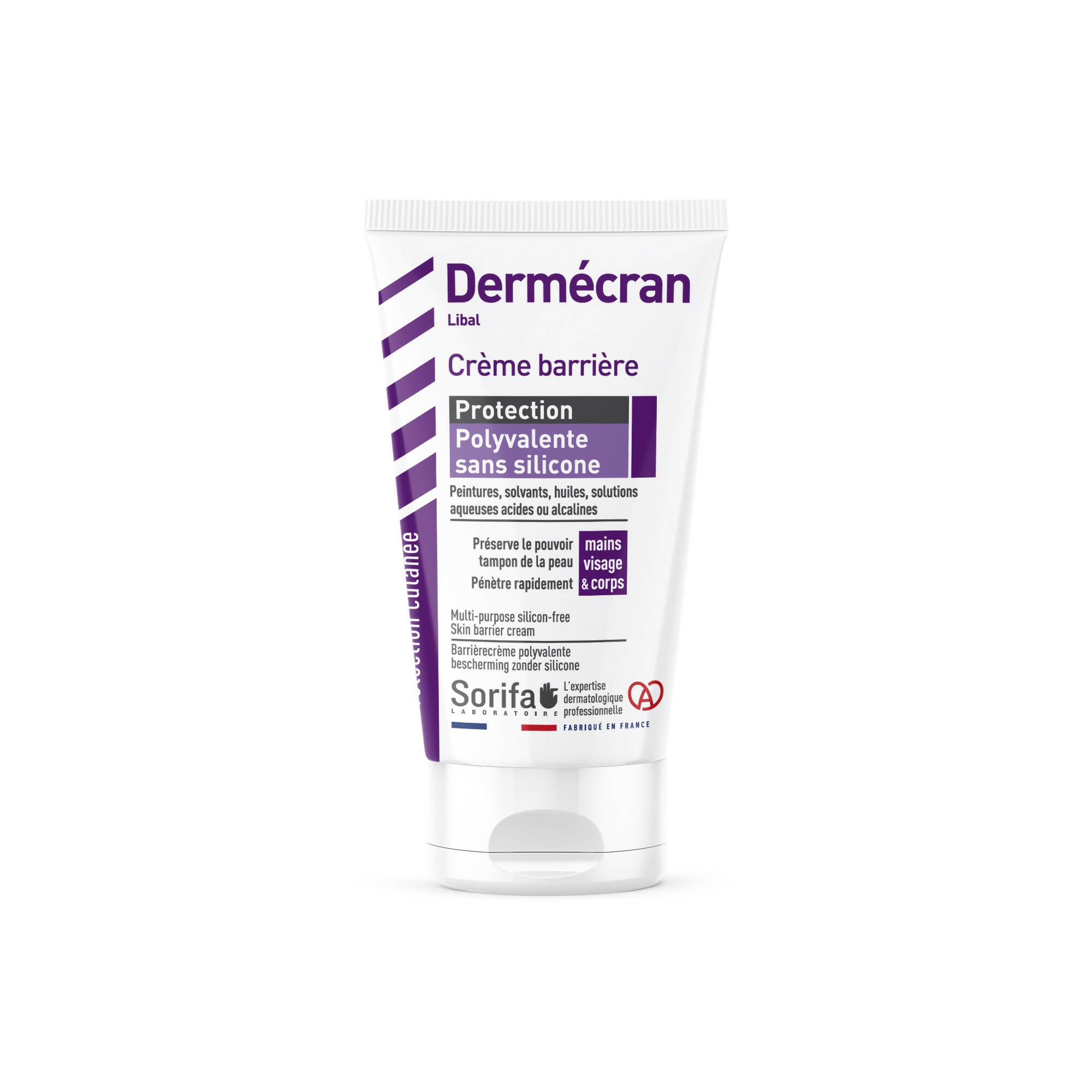 SORIFA - Dermécran – Crème barrière - Protection polyvalente sans silicone – Peintures, solvants, huiles, solutions aqueuses – Mains, visage et corps – Sans parfum – Tube 50 ml.