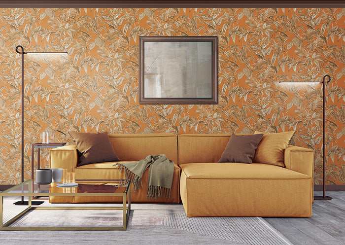 Moitf bird wallpaper Profhome DE120019-DI hot embossed non-woven wallpaper embossed with an exotic design shiny coppery orange gold cream white 5.33 m2 - 0