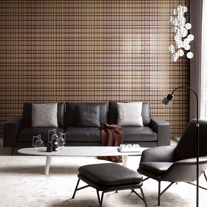 Graphic pattern wallpaper Profhome VD219159-DI hot embossed non-woven wallpaper with graphic design and metallic accents red brown gold 5.33 m2 - 0
