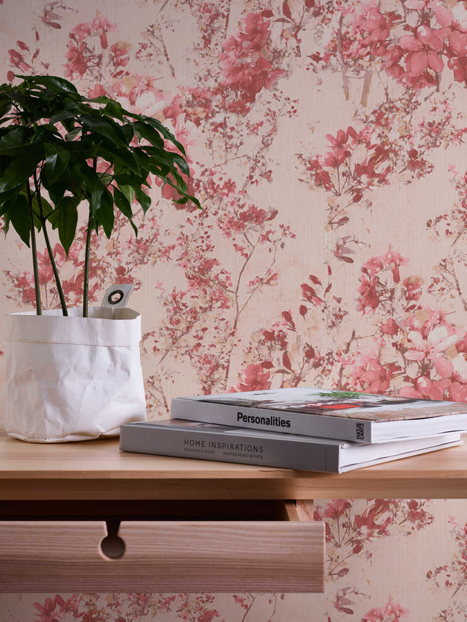 Papier peint floral Profhome 378162-GU papier peint intissé légèrement texturé avec un dessin floral mat rouge rose beige 5,33 m2-6