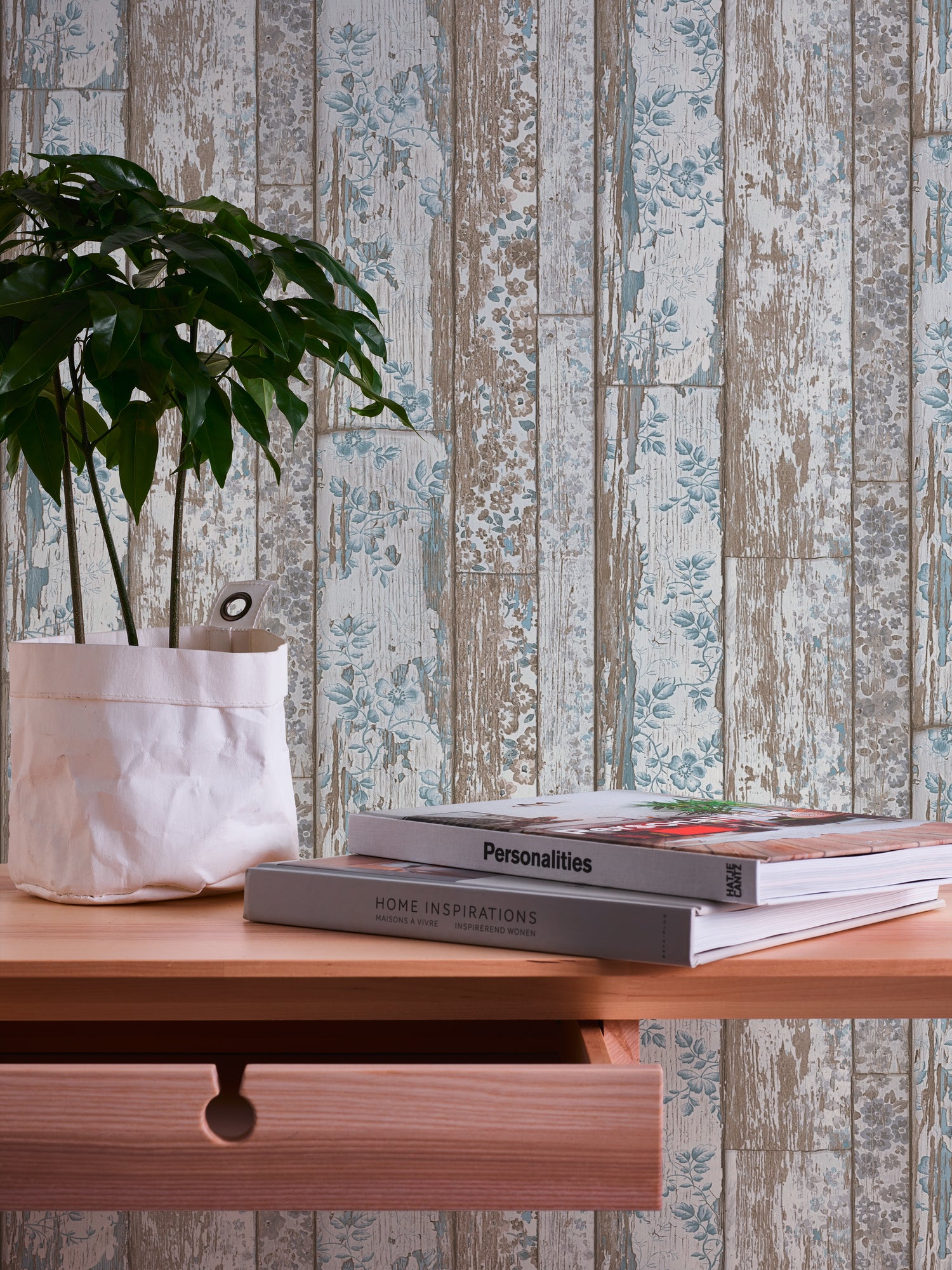 Papier peint aspect bois Profhome 361191-GU papier peint intissé lisse avec des ornements floraux mat bleu brun 5,33 m2-4