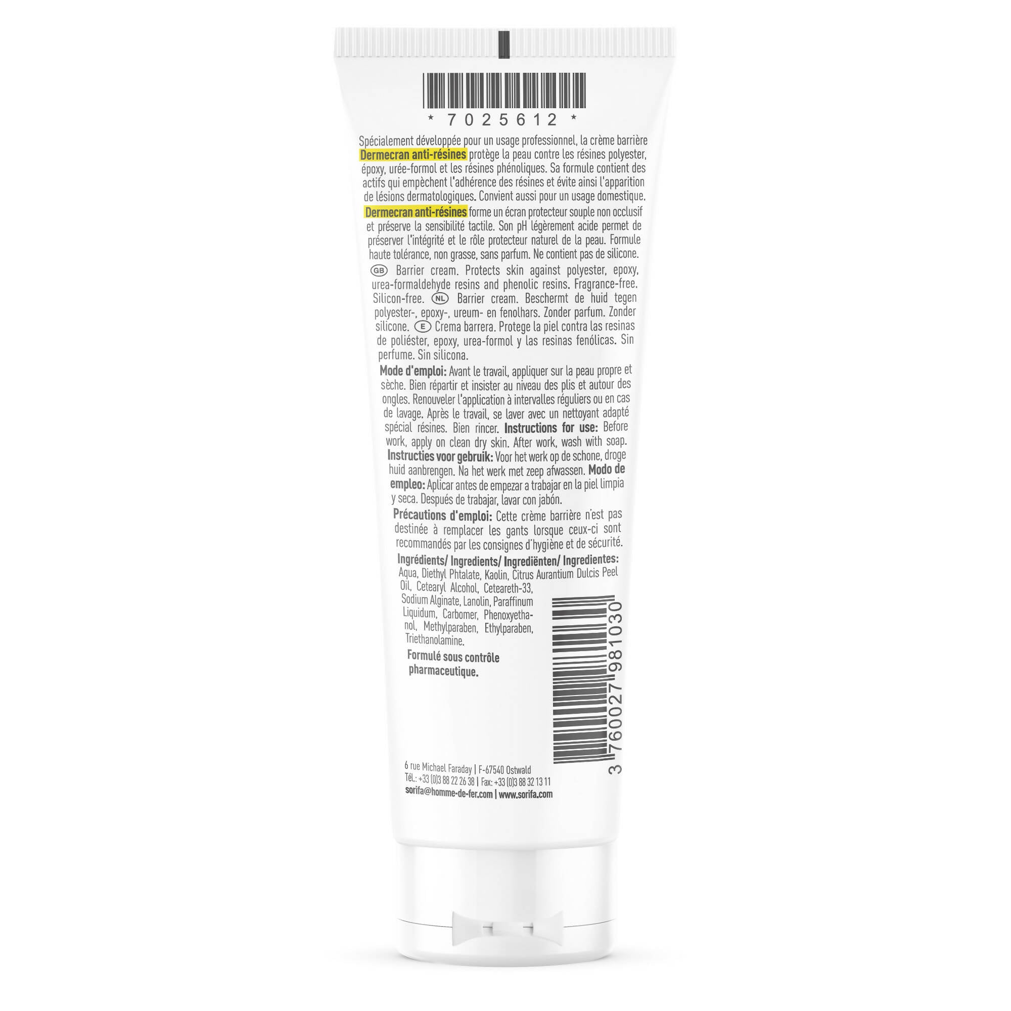 Sorifa - lot de 3 - dermécran – crème barrière - protection anti-resines / polypox – polyester – epoxy – mains et corps – haute tolérance - tube 125 ml.
