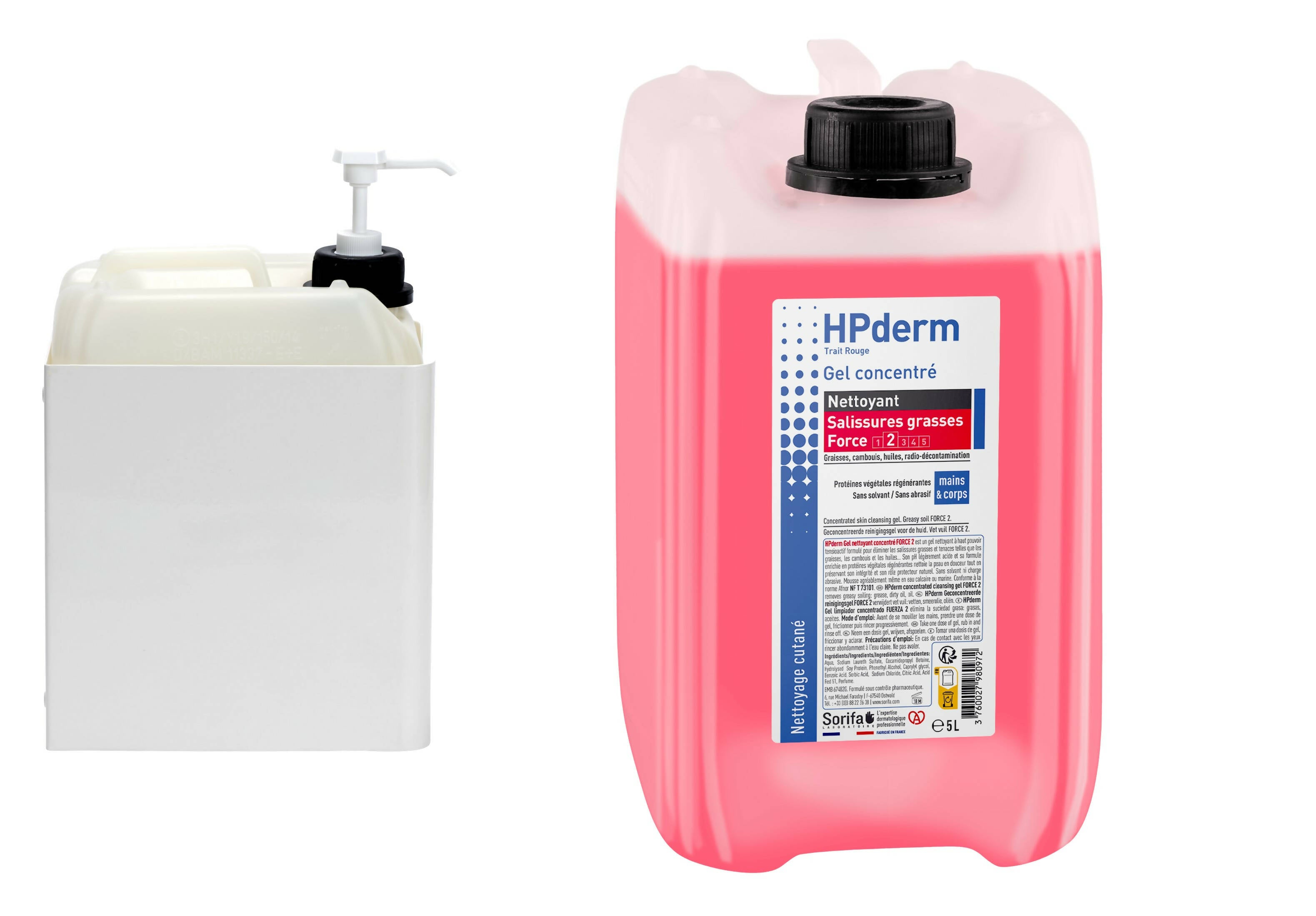 Sorifa - carton complet de 4 - hpderm gel nettoyant concentré force 2 - mains et corps – salissures grasses – graisse cambouis huile graphite – parfumé - sans savon sans solvant sans abrasif - bidon 5l.
