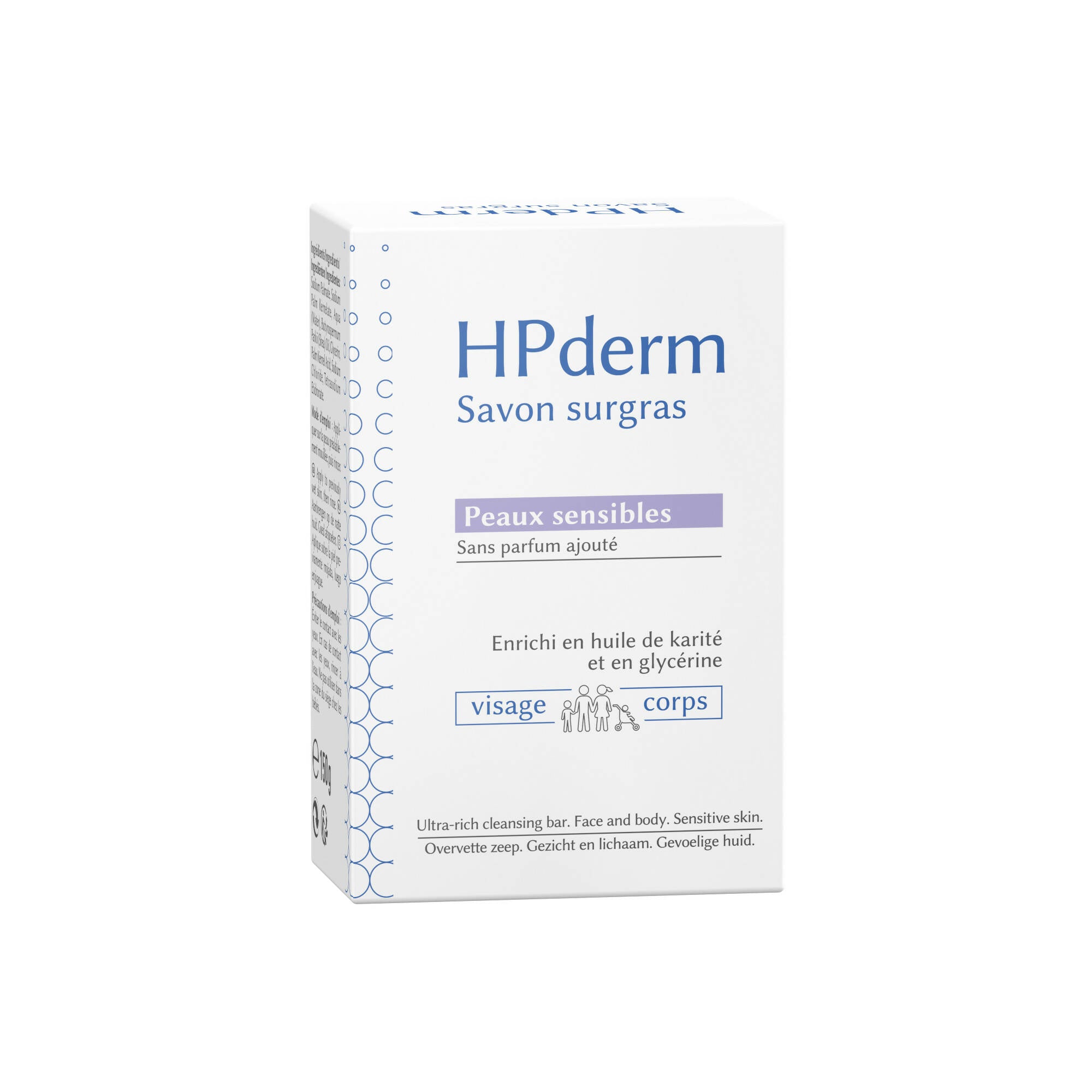 SORIFA - HPderm Surgras Seife - Empfindliche Haut - 99,95 % natürliche Inhaltsstoffe - Angereichert mit Sheaöl und Glycerin - Geeignet für die Familie, auch für Kleinkinder - Neutraler pH-Wert, frei von Duftstoffen - Riegel 150 g - 0