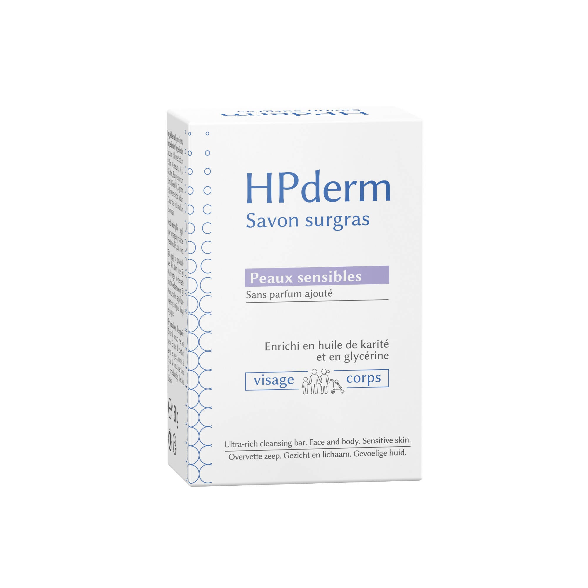 SORIFA - Carton complet de 24 - HPderm Savon surgras –Peaux sensibles - 99,95% d’ingrédients naturels – Enrichi en huile de karité et glycérine – Famille dont nourrissons - pH neutre, sans parfum - Pain 150 gr