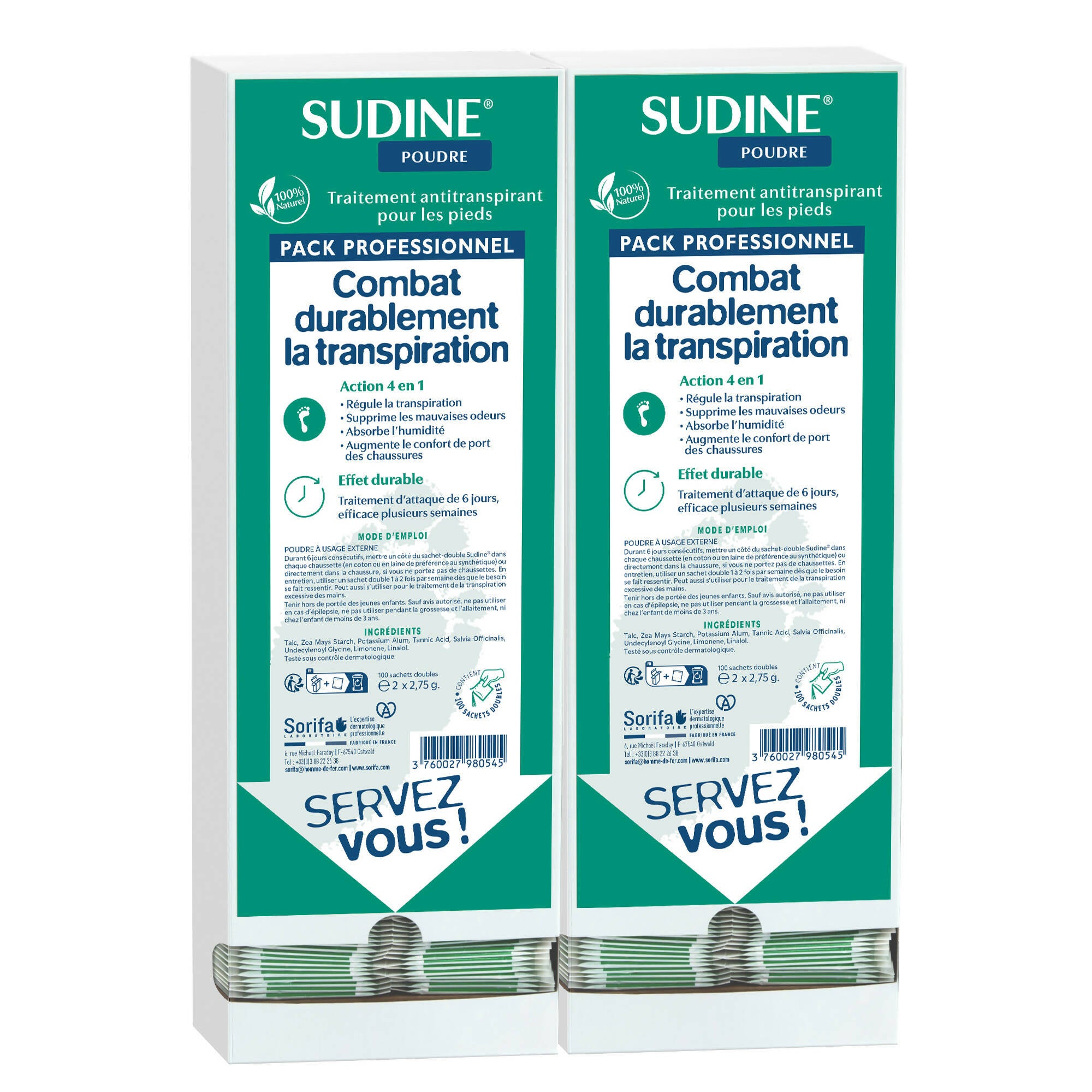 SORIFA - Set of 2 - Sudine Powder Antiperspirant Treatment - Foot - Regulates perspiration - Absorbs - Prevents mycoses - Without aluminum salts - Made in France - Box of 100 double sachets