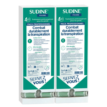 Sorifa - lot de 2 - sudine poudre traitement anti-transpirant - pied - régule la transpiration - absorbe - prévient les mycoses - sans sels d’aluminium - fabriqué en france - bte 100 sachets-doubles