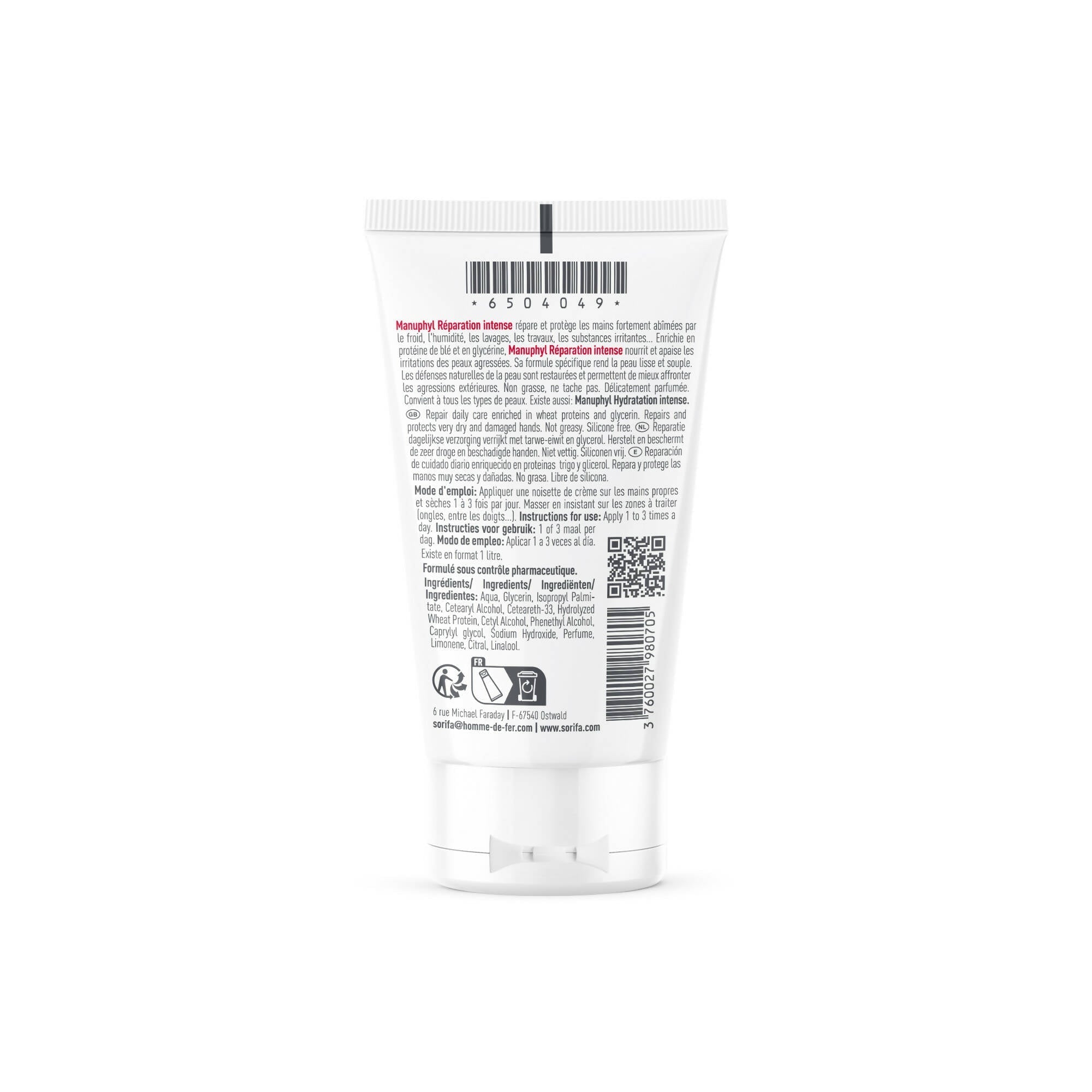 SORIFA - Manuphyl Intense Repair Hand Cream / Keelis - Repairs and protects - Very dry and damaged hands - Little oily, lightly scented, enriched with glycerin and wheat proteins - 50 ml tube - 0