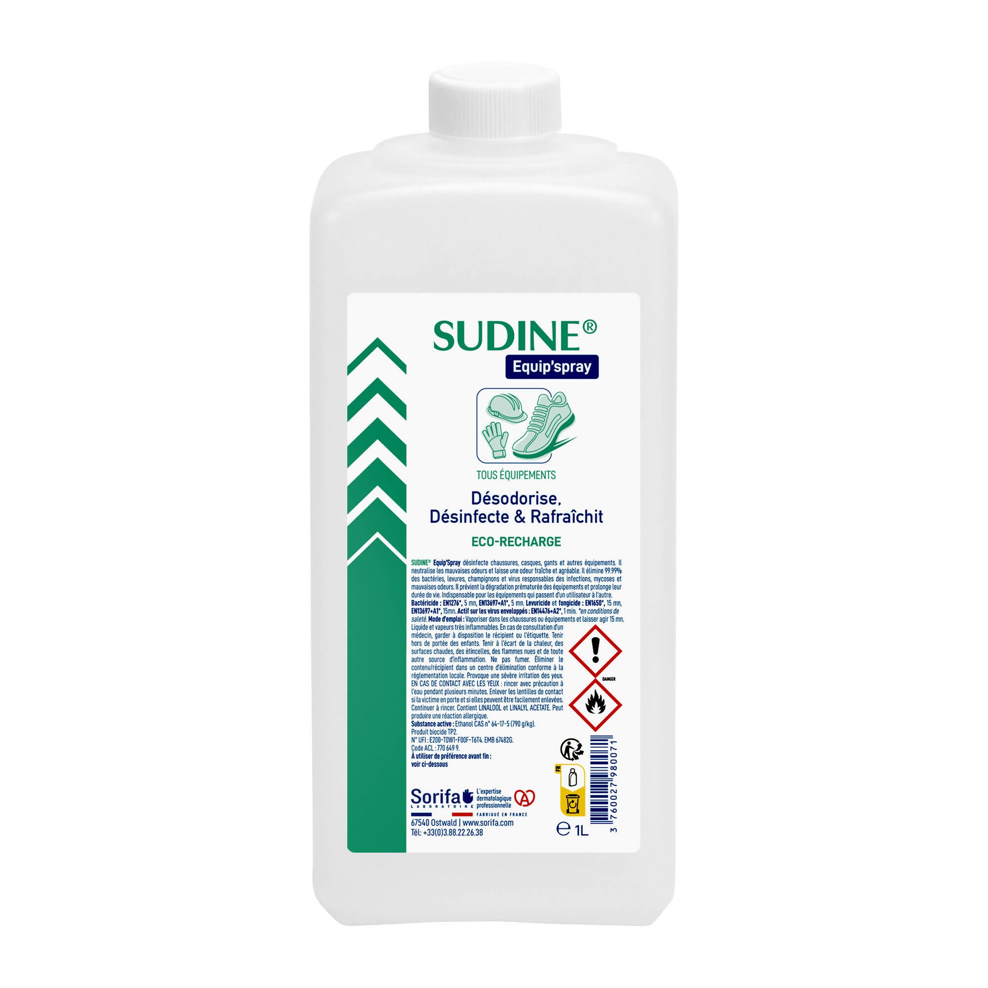 SORIFA - Sudine Equip'spray - Desodoriert, desinfiziert, erfrischt - Schuhe, Helme, Handschuhe, Ausrüstung - 1L Nachfüllung für SUDINE Equip'spray 50 und 125 ml oder für das 1L SORIFA Spray