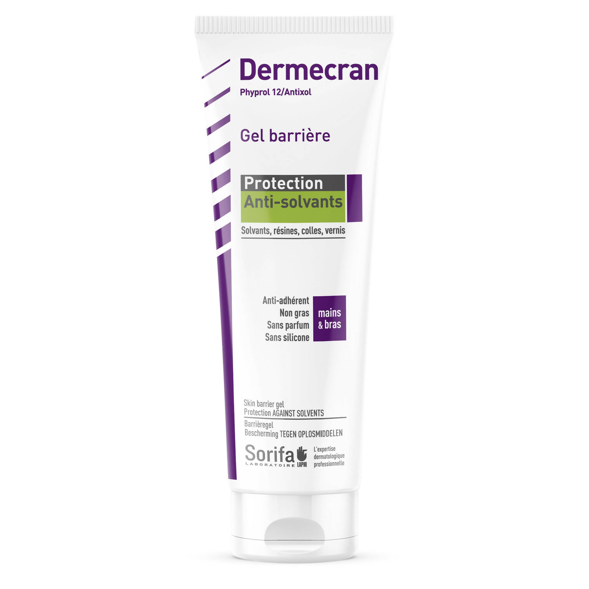 SORIFA - Dermécran – Gel barrière - Protection ANTI-SOLVANTS – Solvants, résines, colles, vernis – Mains, visage, corps – Formule haute tolérance - Sans parfum – Tube 125 ml.