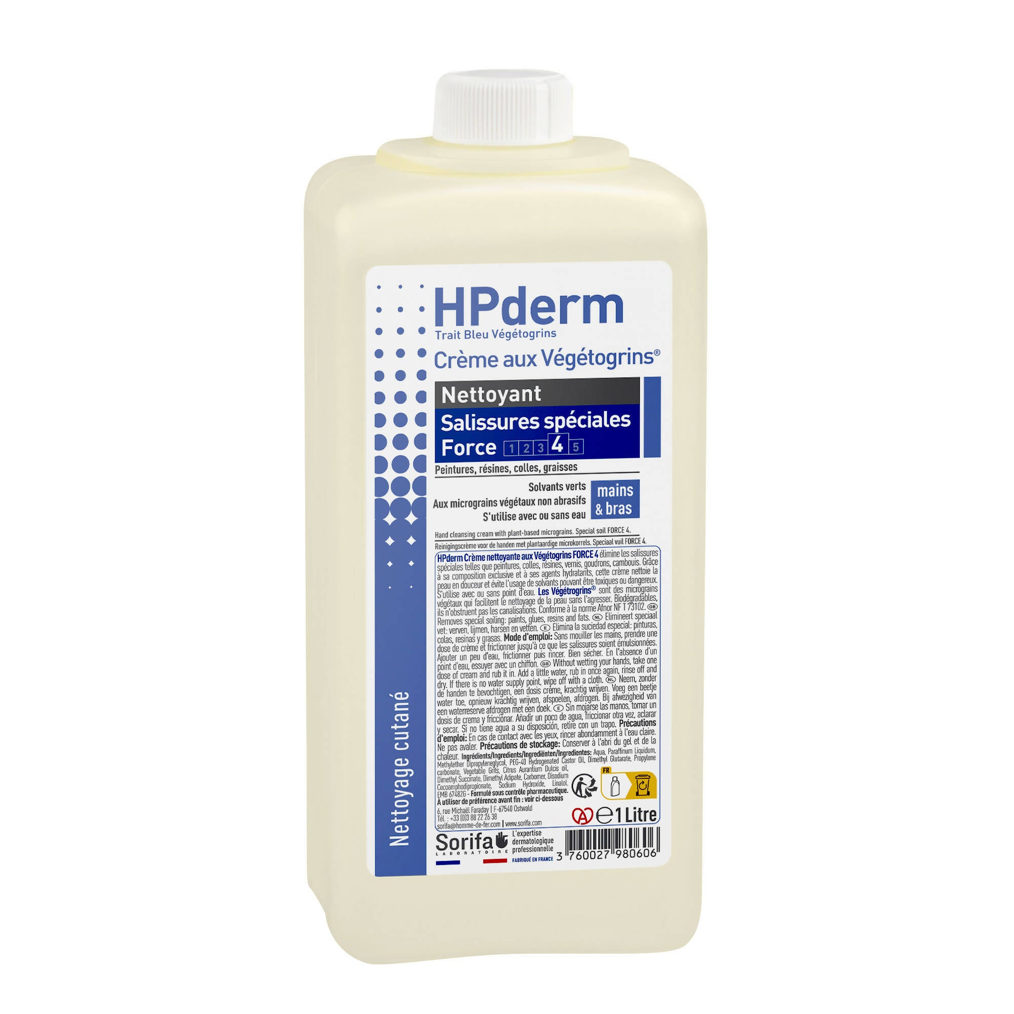 SORIFA - Carton complet de 12 - HPderm Crème nettoyante aux Végétogrins Force 4 - Mains et bras – Salissures spéciales – Graisse, peinture, encre, mastic, goudron, colle, mousse - Sans savon – Flacon 1L.