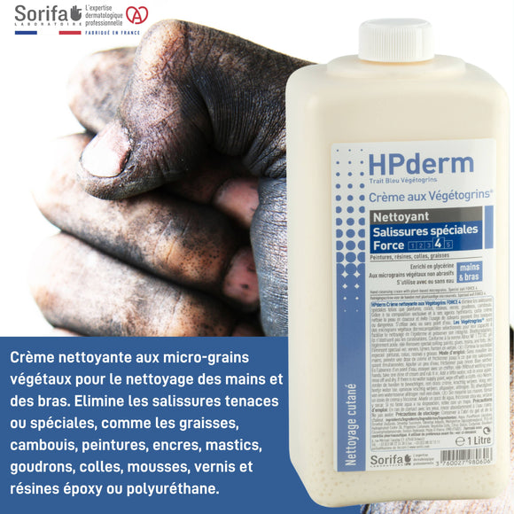 Sorifa - lot de 3 - hpderm crème nettoyante aux végétogrins force 4 - mains et bras – salissures spéciales – graisse peinture encre mastic goudron colle mousse - sans savon – flacon 1l.