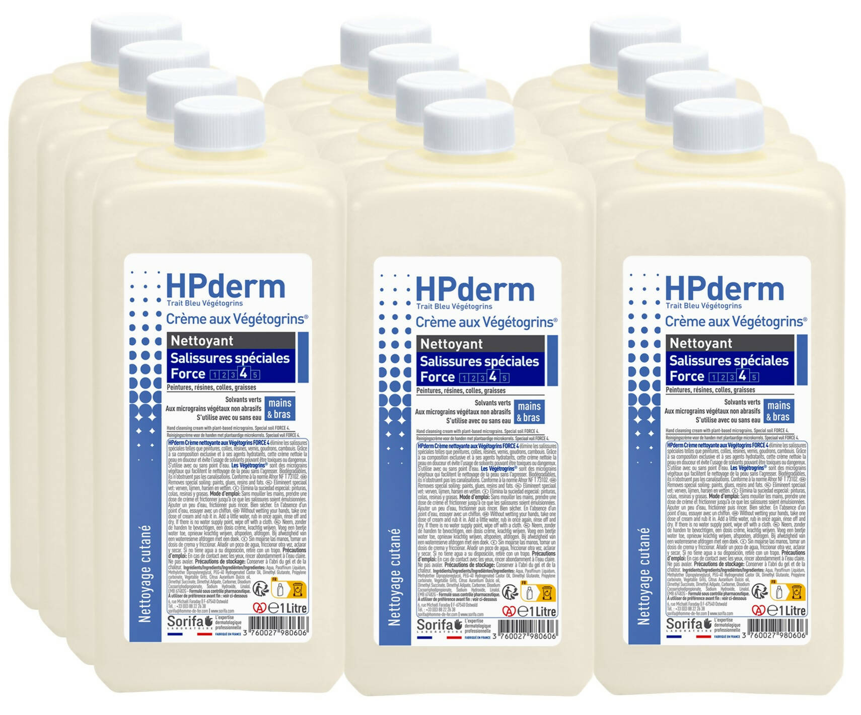 SORIFA - Carton complet de 12 - HPderm Crème nettoyante aux Végétogrins Force 4 - Mains et bras – Salissures spéciales – Graisse, peinture, encre, mastic, goudron, colle, mousse - Sans savon – Flacon 1L.