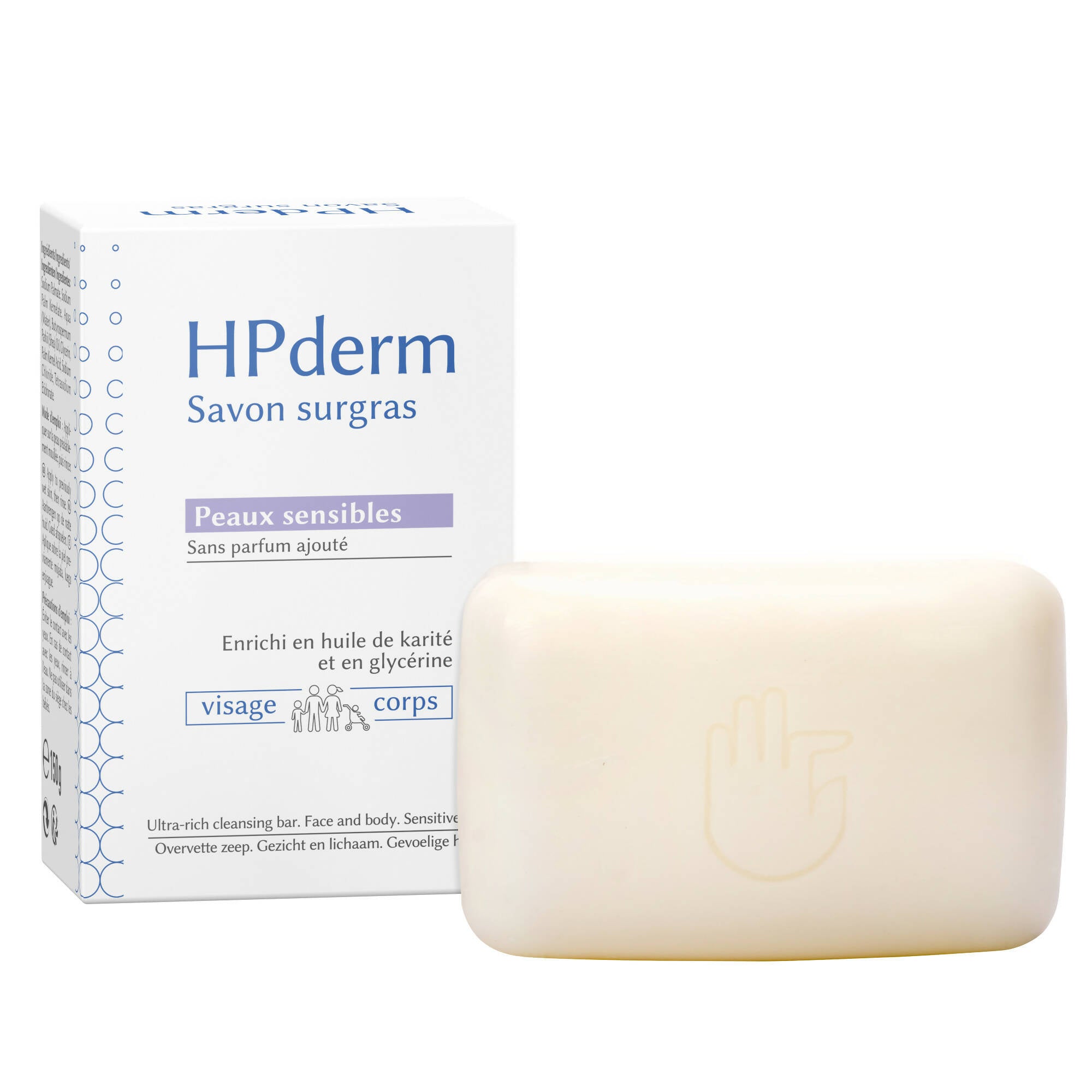 SORIFA - HPderm Surgras soap - Sensitive skin - 99.95% natural ingredients - Enriched with shea oil and glycerin - Family including infants - Neutral pH, fragrance-free - Bar 150 gr