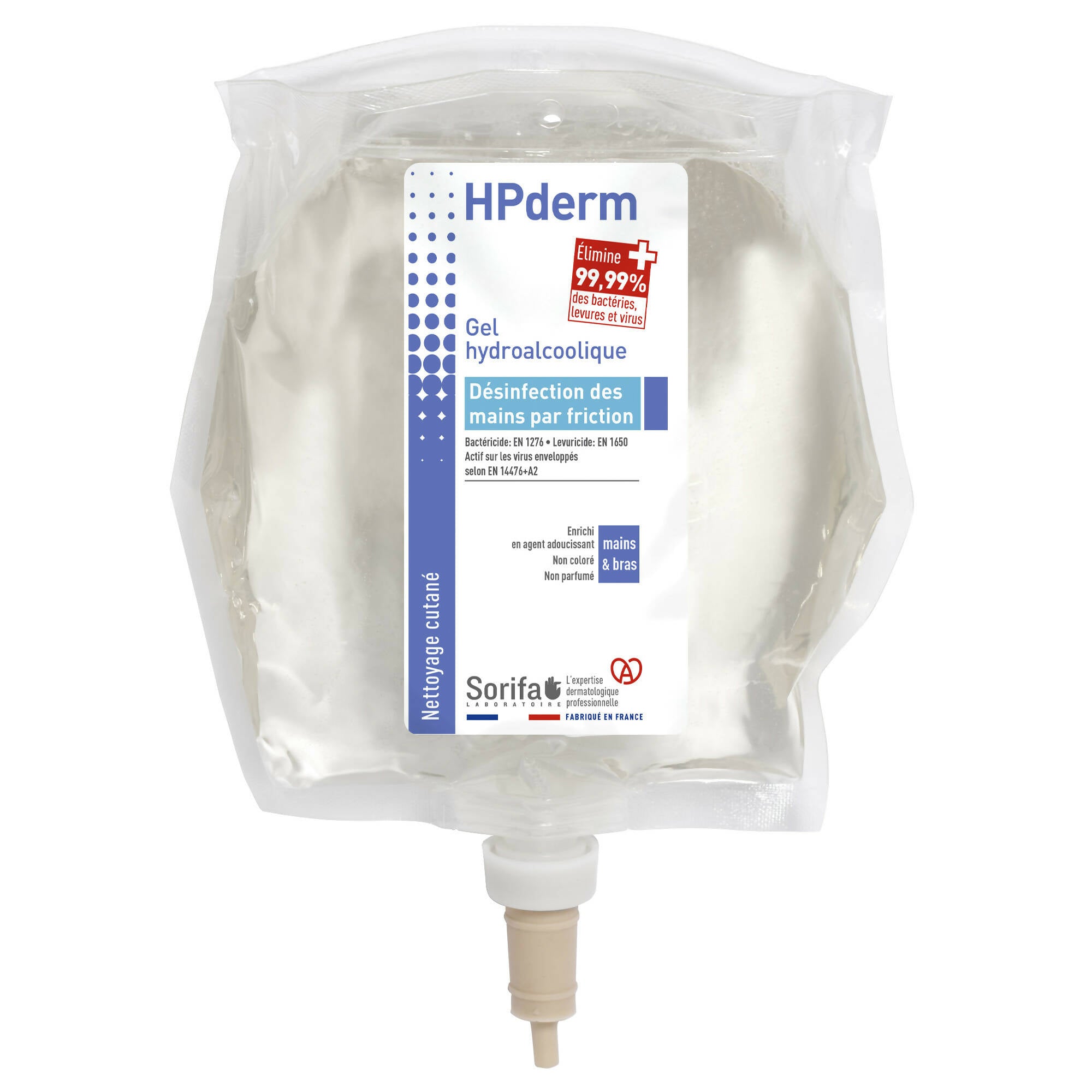 Sorifa - lot de 2 - hpderm gel hydroalcoolique - désinfection des mains par friction - mains bras - enrichi en glycérine - sans parfum – poche 800 ml pour distributeur mural soribag
