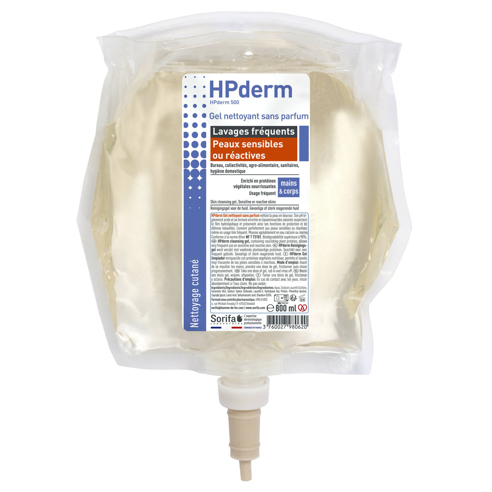 Sorifa - lot de 1 distributeur soribag + 1 poche 800 ml hpderm gel nettoyant sans parfum - lavages fréquents – peaux sensibles ou réactives - mains et corps - ph neutre sans savon