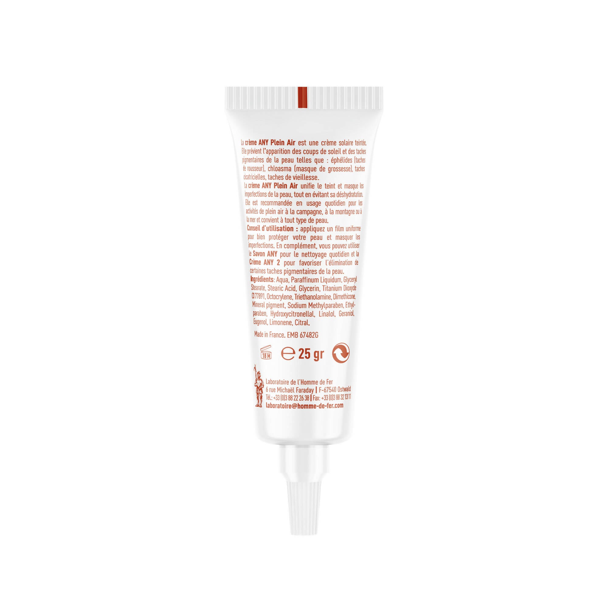 Homme de fer - any plein air crème teintée avec protection solaire - visage - taches brunes taches de rousseur 5éphélides vieillesse cicatricielles masque grossesse chloasma tube 25 gr. - Clicktofournisseur.com