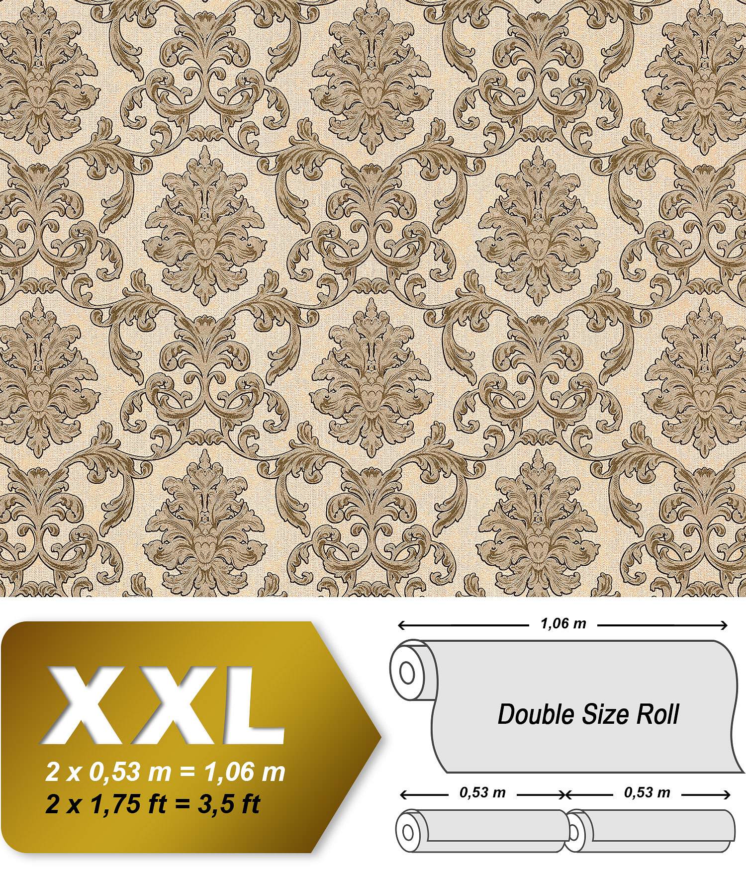 Baroque wallpaper EDEM 6001-91 Embossed non-woven wallpaper with shimmering ornaments cream beige gold 10.65 m2