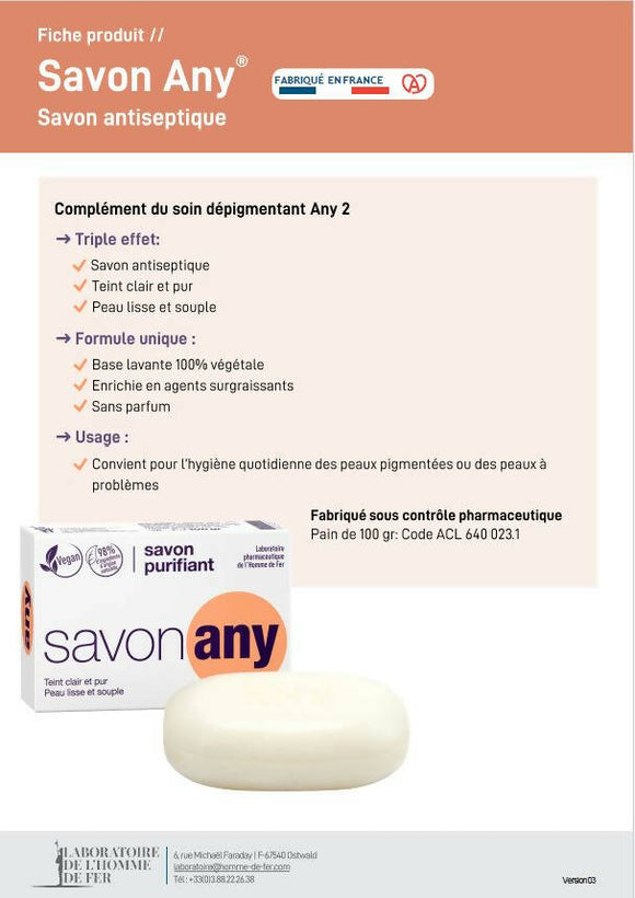 Homme de fer – carton complet de 48 - savon purifiant any – visage et corps – hygiène quotidienne - peaux à problèmes – peaux pigmentées – base lavante 100% végétale - sans parfum - pain 100 gr.