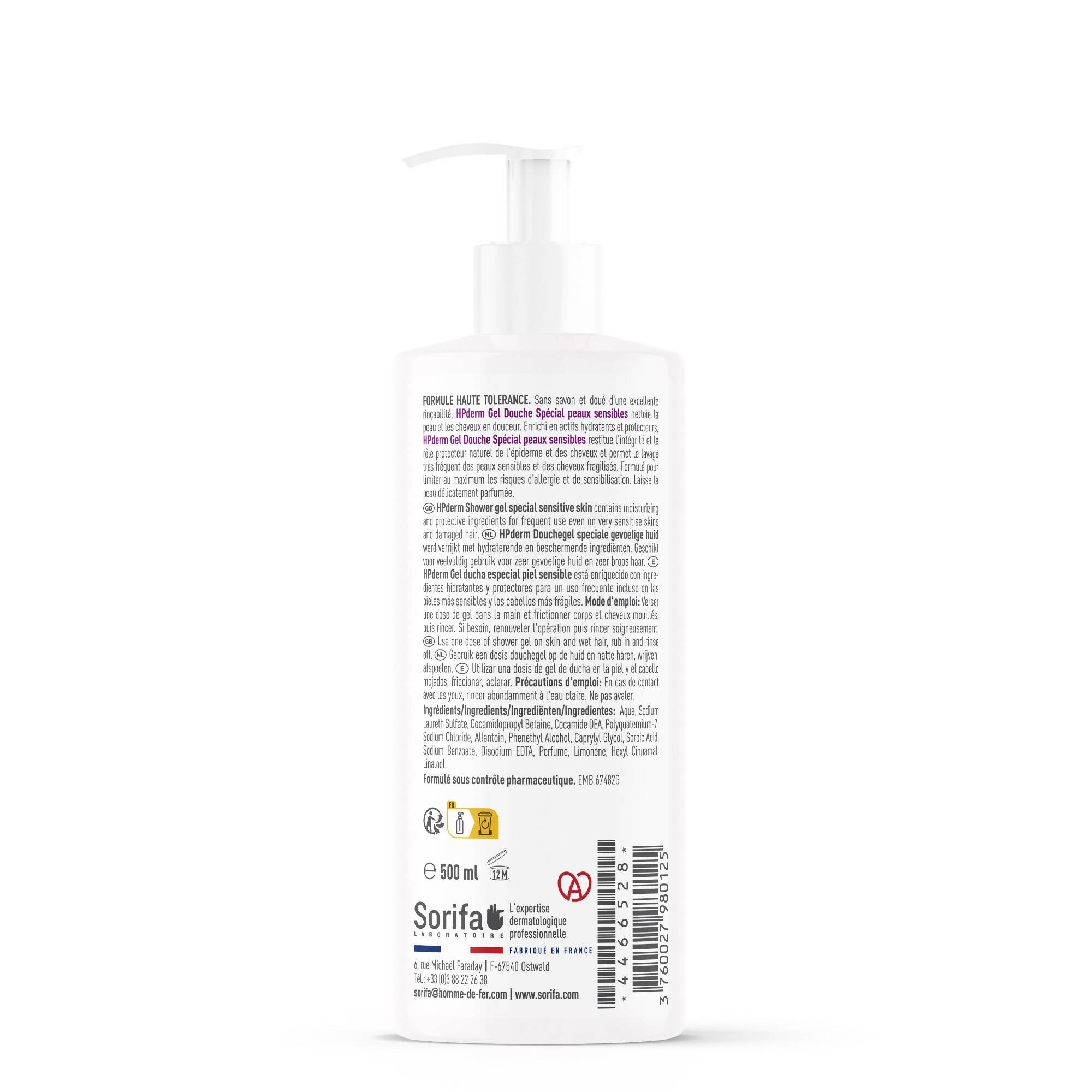 Sorifa - lot de 3 - hpderm gel douche haute tolerance - 2 en 1 corps et cheveux - spécial peaux sensibles peaux tatouées cheveux fragilisés - usage fréquent - ph neutre sans savon - flacon pompe 500 ml