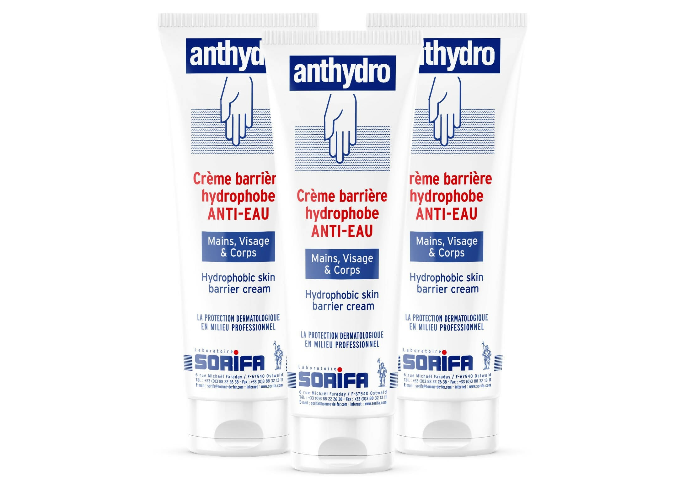 Sorifa - lot de 3 - anthydro - crème barrière - protection anti-eau – anti-frottement - mains visage et corps – haute tolérance - sans parfum -tube 125 ml - Clicktofournisseur.com