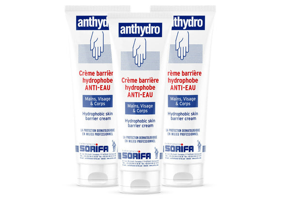 Sorifa - lot de 3 - anthydro - crème barrière - protection anti-eau – anti-frottement - mains visage et corps – haute tolérance - sans parfum -tube 125 ml - Clicktofournisseur.com