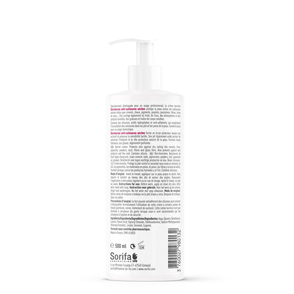 Sorifa - carton complet de 24 - dermécran – crème barrière - protection anti-salissures seches – laine de verre – ciment - poussière – mains visage et corps – haute tolérance – flacon pompe 500 ml.